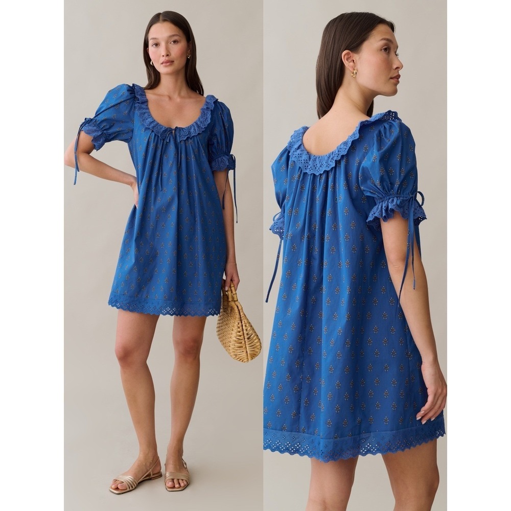 NWT Kourt Juliet Eyelet Cotton Mini Dress in Blue Bijou Print - Size Small